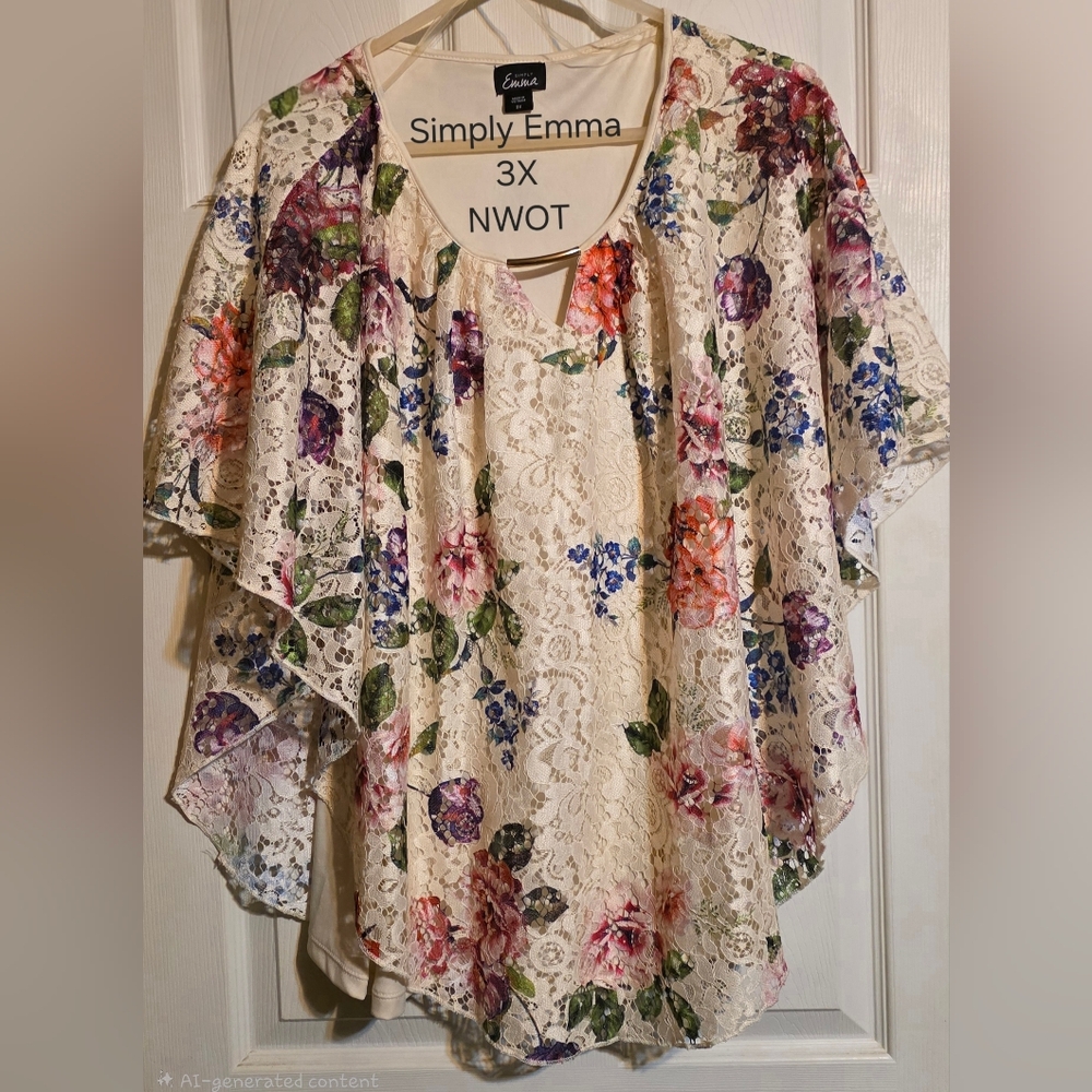 Simply Emma Cream Lace Top with Multicolor Floral Print